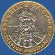 женщина племени мапуче на монете 100 песо Чили 2008 года